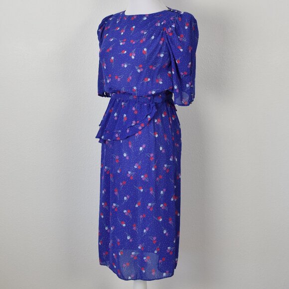 80's Vintage Floral Belted Peplum Formal Dress - 4 - Picture 12 of 13